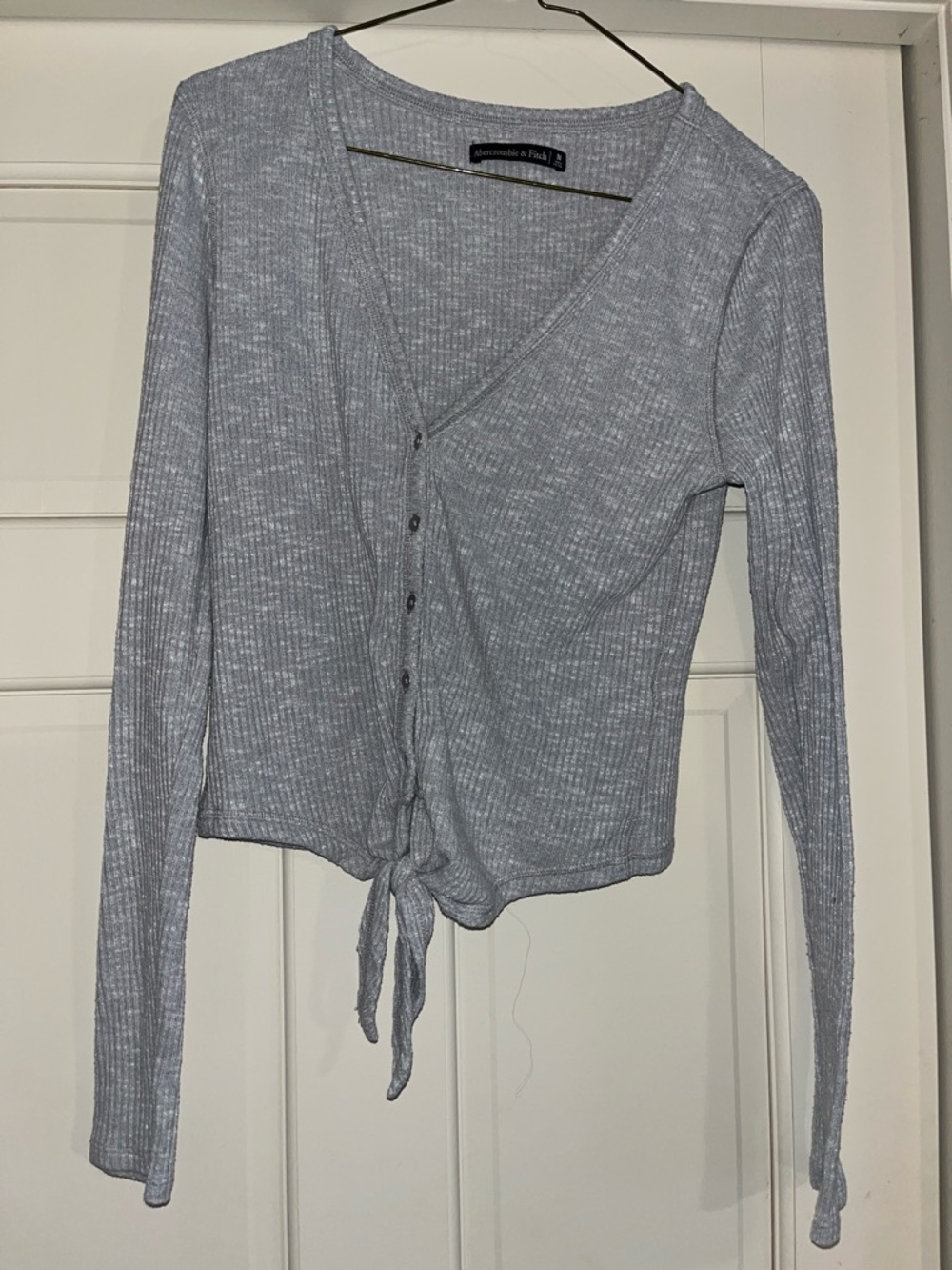 Abercrombie & Fitch Heather grey Ribbed Tie-Front Long Sleeve Top